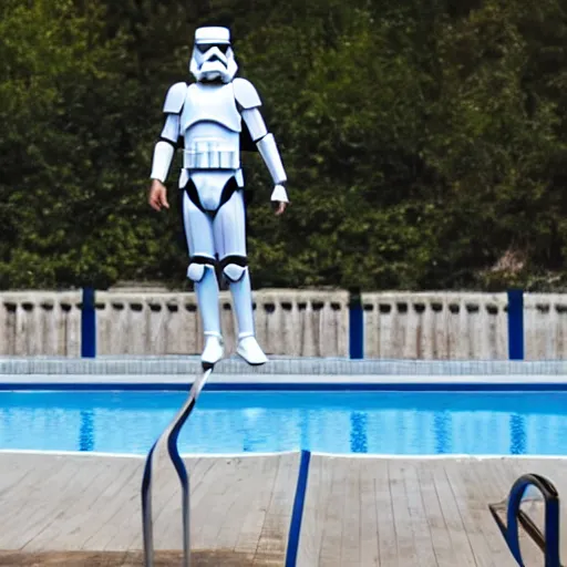 Prompt: storm trooper standing on diving board of olympic sized pool