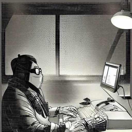 Image similar to an insanely detailed painting of a chubby nerdy asian man wearing a homemade superhero costume and mask, sitting at a computer desk typing on the keyboard, in the style of peter mohrbacher, dramatic lighting and composition, trending on artstation, concept art, comic book, graphic novel, back view