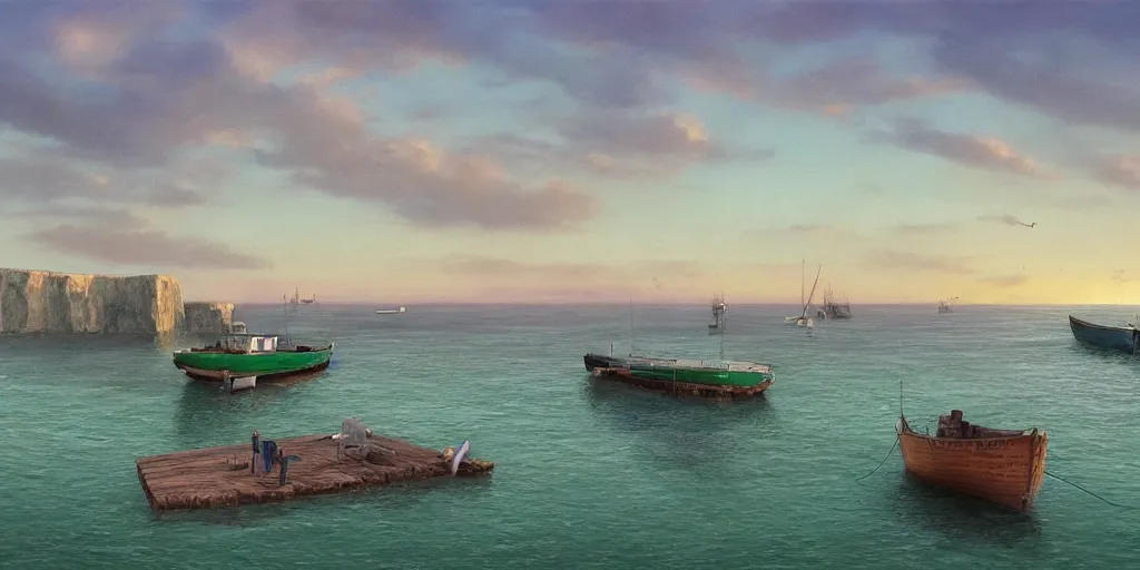 Prompt: wood dock, green car on dock, big fishing boat next to the dock with waving sailors. low angle, sunrise, a mediterranean phoenician fishing village in the distance, chalk cliffs above, highly detailed, digital painting, artstation, concept art, sharp focus, illustration, art by artgerm and raphael lacoste and magali villeneuve