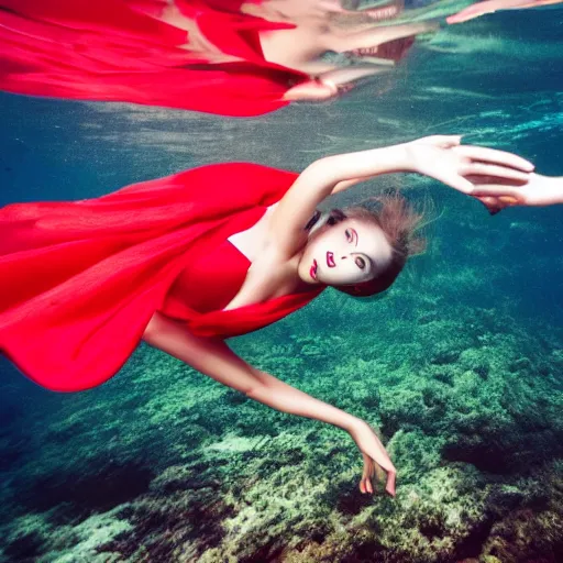 Prompt: fashion model girl in red silk underwater