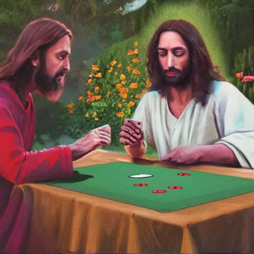 Image similar to Jesus and Satan playing cards in a garden, photorealistic, award winning, 8k, trending on major art outlets,