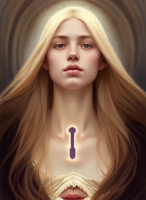 Image similar to beautiful symmetrical face, portrait of young woman blessed with ever - increasing physical and mental perfection, realism, blonde hair, perfect face!! intricate, elegant, highly detailed, vision of holy perfection!! digital painting, artstation, concept art, smooth, sharp focus, illustration, humanity, art by artgerm and greg rutkowski and alphonse mucha