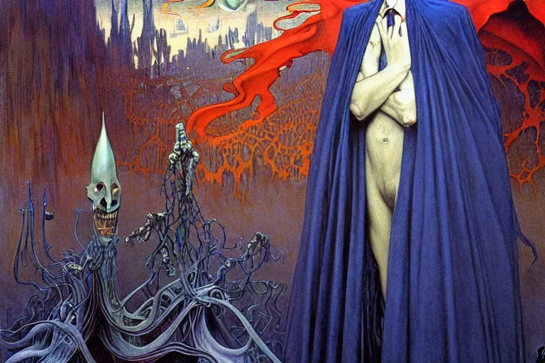 Image similar to realistic extremely detailed portrait painting of an elegantly creepy vampire man in a cape, futuristic sci-fi fortress on background by Jean Delville, Amano, Yves Tanguy, Alphonse Mucha, Ernst Haeckel, Edward Robert Hughes, Roger Dean, rich moody colours, blue eyes