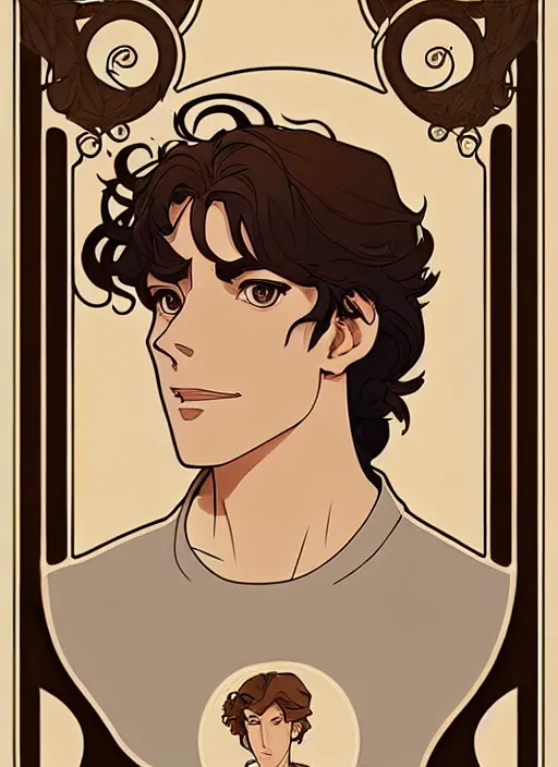 Prompt: art nouveau portrait of a handsome young man with medium length big mess of curly light brown hair, brown eyes, aloof, serious expression, t - shirt, modern casual clothing, natural lighting, path traced, highly detailed, high quality, cartoon, digital painting, by don bluth and ross tran and studio ghibli and alphonse mucha