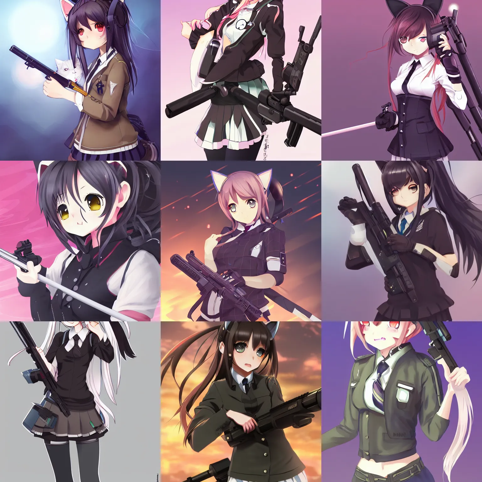 Prompt: anime, full body, cute, female, a cute girl wearing a school uniform with cat ears and holding a sniper rifle, gorgeous lighting, cat girl, highly detailed, digital painting, art station, sharp focus, frontal view, illustration, concept art, advanced digital anime art