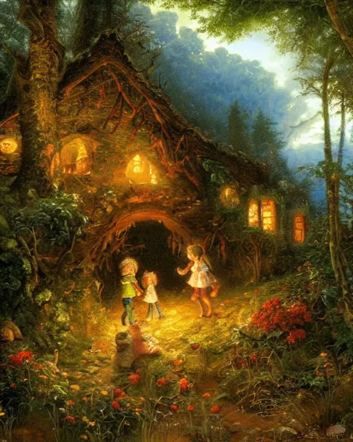 Prompt: an oil painting of hansel and gretel in the forest, by thomas kincade, ivan shiskin, and james gurney