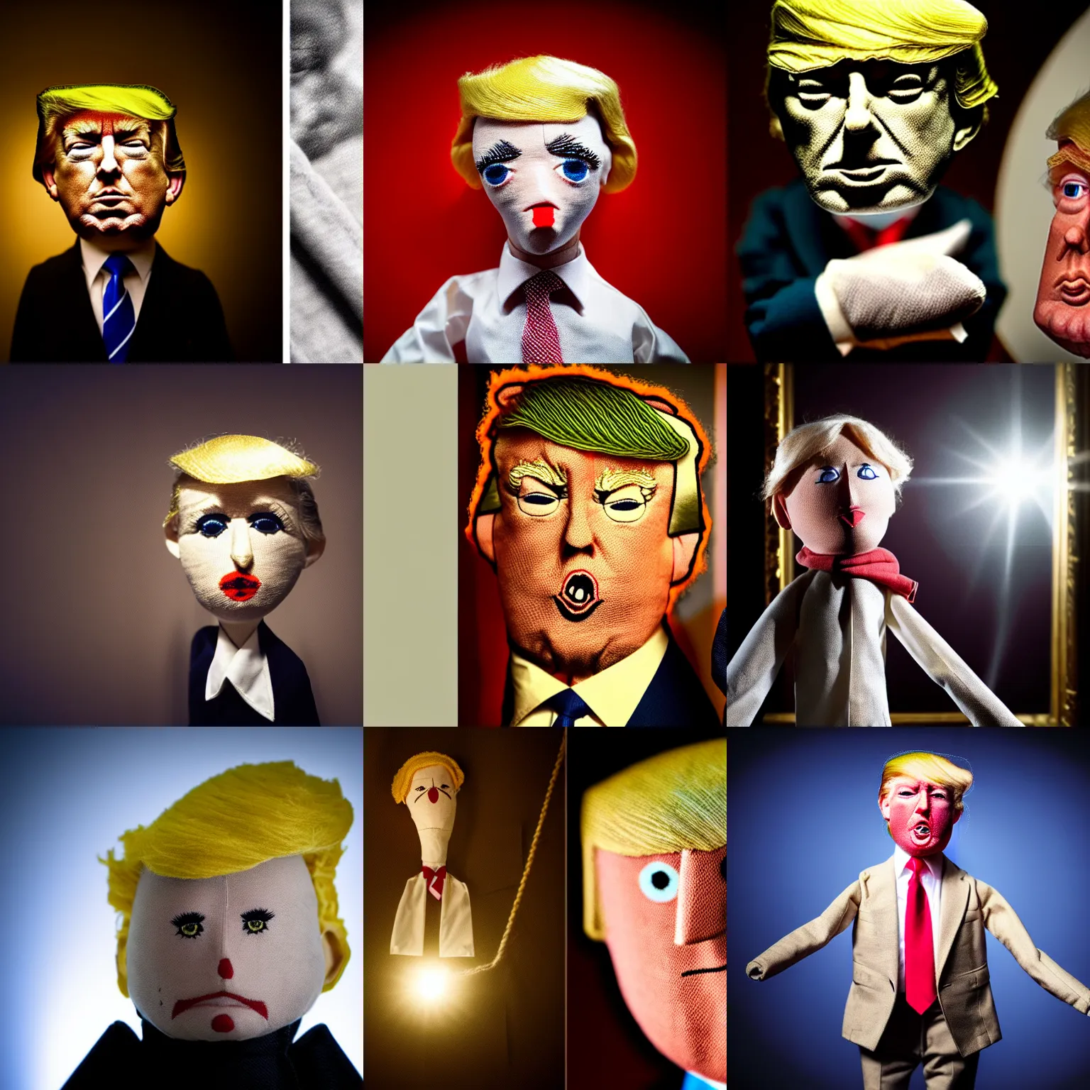 Prompt: photo of trump as a cloth puppet in a dark room with a soft light on her head, realistic cloth puppet, intricate detail, photorealistic, highly detailed, cinematic atmosphere, dramatic