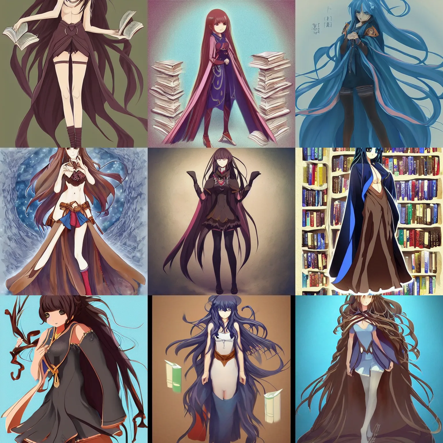 Prompt: “A detailed full body character design of a beautiful anime woman with brown flowing hair, blue cape, in a catacomb of books, trending on artstation”