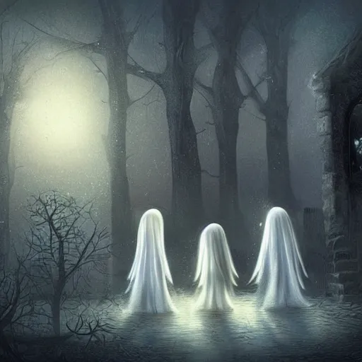 Prompt: hauntingly beautiful ghosts visiting a little girl at night concept art surreal fine detail colorful dark