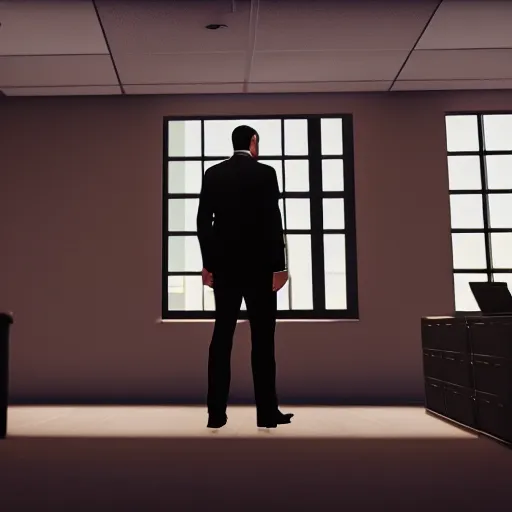 Prompt: Evil CEO in a dark suit, sitting behind a desk in an office building, medium shot, style of GTA V, octane render