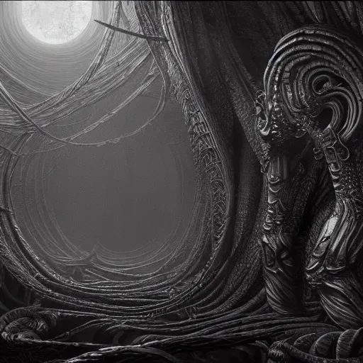 Image similar to Vicariously!!! I, live while the whole world dies, ultra realist soft painting of the world of Lovecraft Elden Ring and Giger, very intricate details, ultra dense fog, golden ratio, volumetric black and white lighting, reflections, refractions, symmetry accurate, octane render