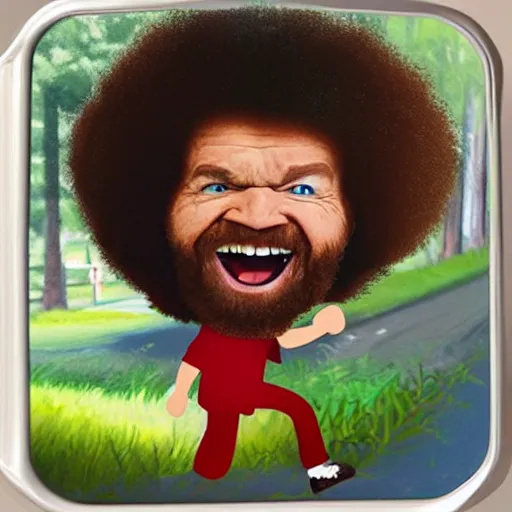 Prompt: a tiny screaming angry bob ross running your in rear view mirror