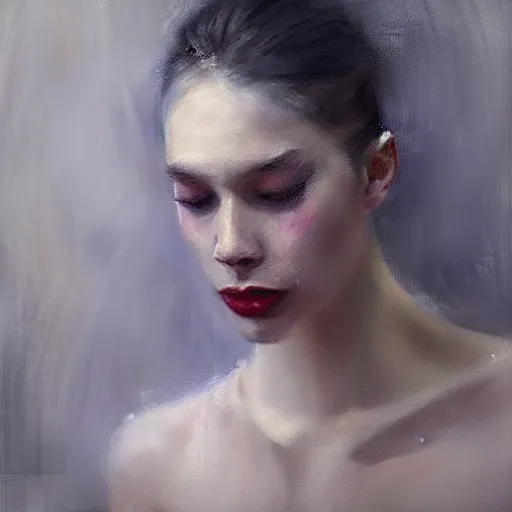 Prompt: A beautiful ballet dancer with makeup crying expression detailed painting beautiful artwork by jeremy mann