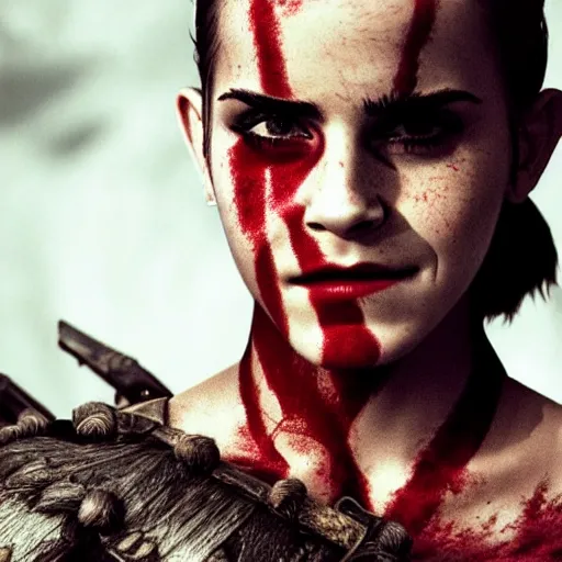 Prompt: Emma Watson as Kratos, brutal, portrait