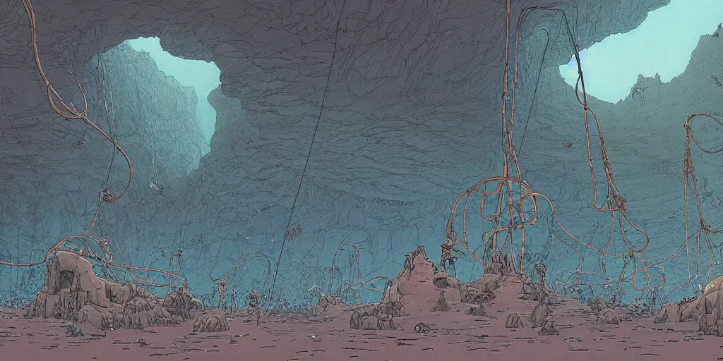 Image similar to vast natural cave with bizarre creatures in huge experimental tanks , cables hanging from ceiling, thick cables on ground, ground perspective, computer screens, neons, top light , epic scene, 8k, illustration, art by ghibli moebius, comics art