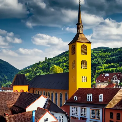 Image similar to a large yellow building with a steeple on top of it, up a hill, a picture by werner andermatt, shutterstock contest winner, heidelberg school, wimmelbilder, hdr, sabattier filter