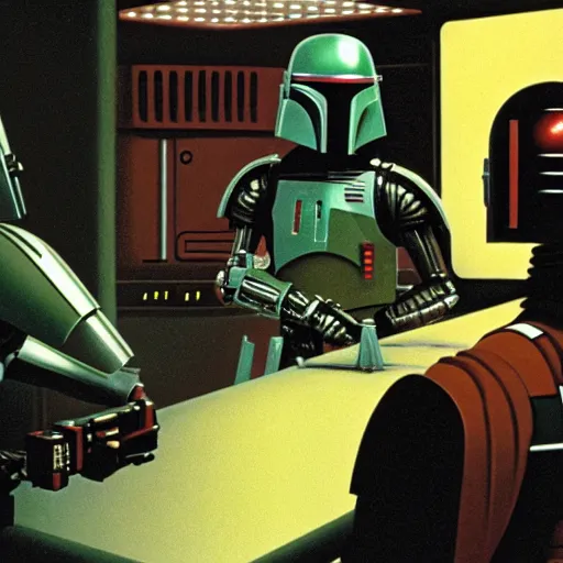 Image similar to ig-88 talking to boba fett in the cantina, artwork by ralph mcquarrie