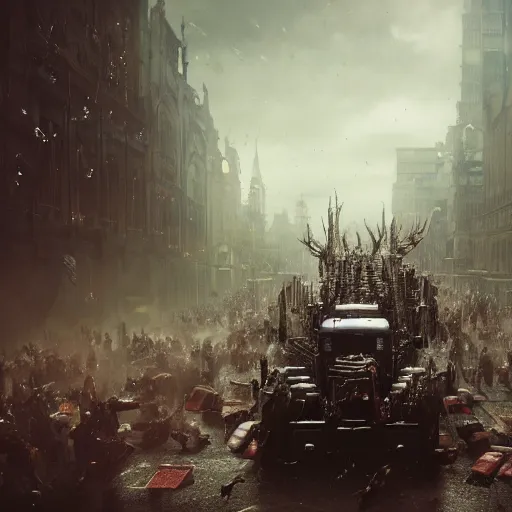Image similar to truck stampede by Greg Rutkowski, Sung Choi, Mitchell Mohrhauser, Maciej Kuciara, Johnson Ting, Maxim Verehin, Peter Konig, Bloodborne, macro lens, 35mm, 8k photorealistic, cinematic lighting, HD, high details, atmospheric
