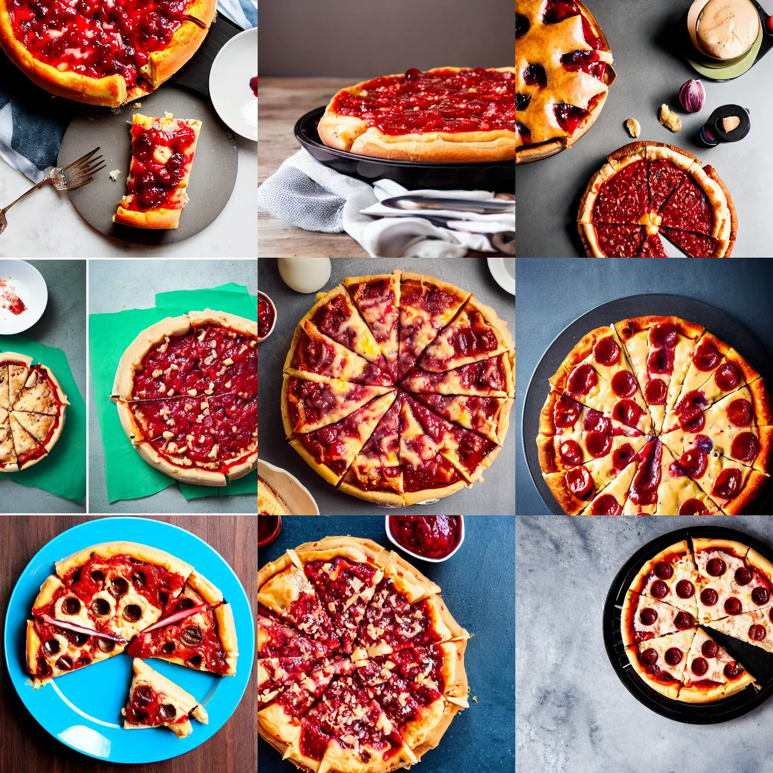 Prompt: peanubutter and jelly in a cheesy chicago deep dish pizza, professional food photography