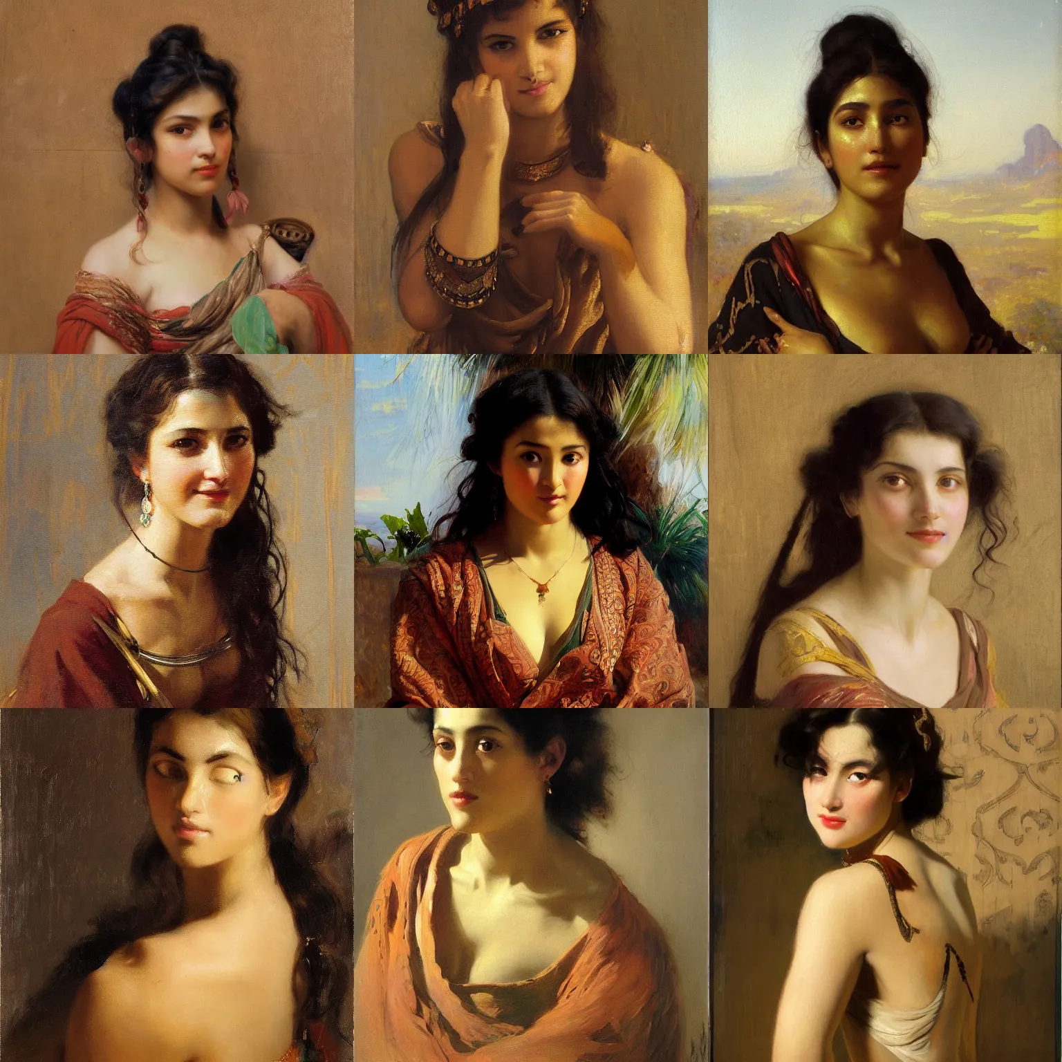 Prompt: orientalism painting of a smug smirking young woman with dark curls collarbone detail by theodore ralli and nasreddine dinet and anders zorn and edwin longsden long, bronze age, sword and sorcery, oil on canvas, masterful intricate artwork, excellent lighting, high detail 8 k