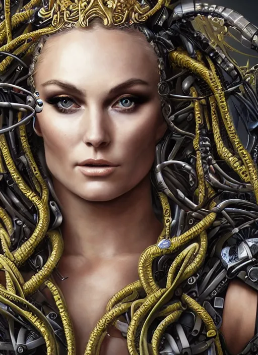 Image similar to high intricate portrait of lindsey vonn as a medusa with cybernetic enhancements, maria panfilova, andrea savchenko, mike kime, ludovic plouffe, qi sheng luo, oliver cook, makoto shinkai, trending on artstation