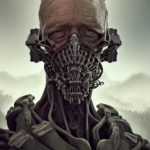 Prompt: apocalyptic exoskeleton portrait with twisted ribbed face ( ms ) by rutkowsky and charles vess and james jean and erik jones and rhads, baroque, 3 d octane render, beautiful fine face features, intricate high details, sharp, ultradetailed