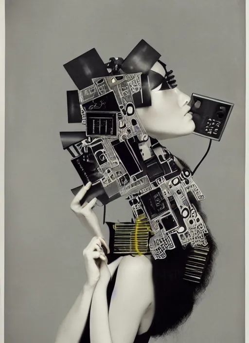 Prompt: Portrait of a fashion fractal girl with a television head wearing kimono made of circuits and leds, surreal photography by Man Ray