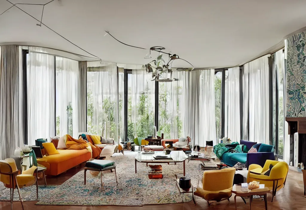 Prompt: a living room, modern interior design, residential design, floor - to - ceiling windows, by india mahdavi and henri matisse, trending ，