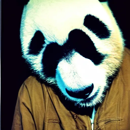 Image similar to grainy head to shoulder portrait polaroid film photograph of a panda in a mall wearing aviator shades. super resolution. surreal. extremely detailed. polaroid 6 0 0 film. by annie leibovitz and richard avedon