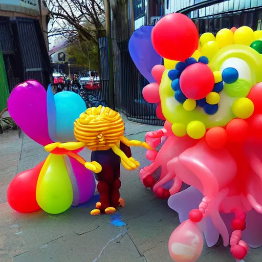 Prompt: balloon animals under the sea in the style of banksy