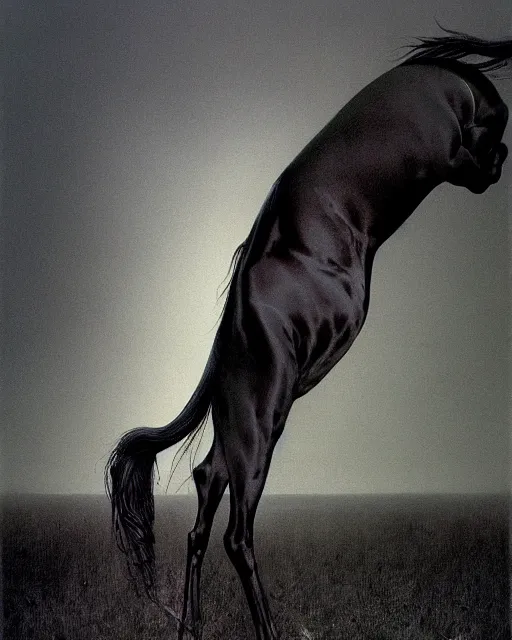 Image similar to painting of hybrid between black weimaraner & black stallion horse! & intercrossed animal, by zdzislaw beksinski, by mattias adolfsson, concept art, single object scene, beautiful composition, 8 k, digital painting