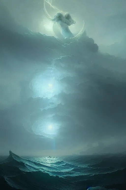 Image similar to A stunning detailed water deity by Ivan Aivazovsky, Peter Mohrbacher , Greg Rutkowski, stormy ocean, beautiful lighting, full moon, detailed swirling water tornado, artstation