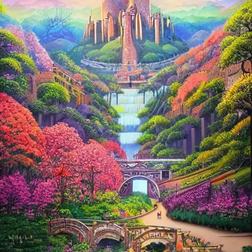 Image similar to Extraordinary beautiful city of the future in harmony with nature. Beautiful detailed painting by Lurid. (2022)