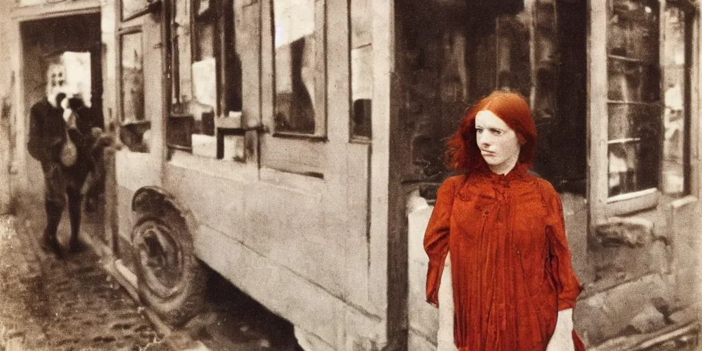 Prompt: a young red haired woman with freckles looks deeply into the camera, 1920's london street, art nouveau, style of Joel Meyerowitz, gustav klimpt, painterly