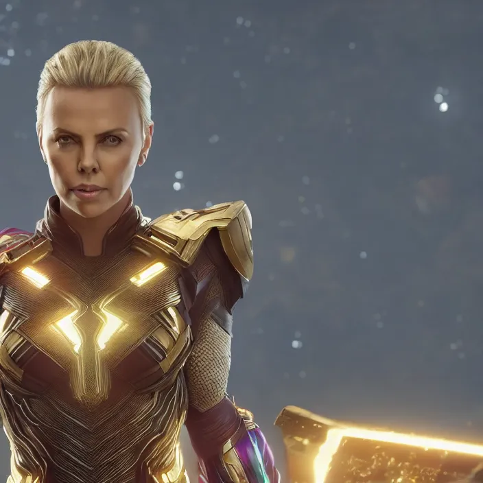 Prompt: portrait of ((Charlize Theron)), wearing The Infinity Gauntlet. SNAP. intricate artwork. octane render, trending on artstation, avengers. thanos. cinematic, hyper realism, high detail, octane render, 8k, iridescent accents