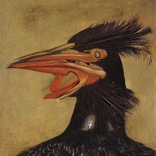 Prompt: portrait of the head of black crow from behind looking over his shoulders with a sparkle in the eye, oil painting in the style of bieter bruegel the elder, highly detailed and crisp render of distressed feathers, eyes made out of reflective chrome like a mirror