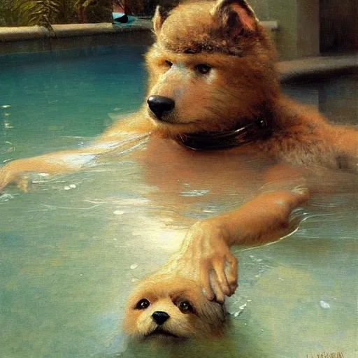 Image similar to a portrait of a very furry human with an animal's head in the pool, furry body, furry arms, furry legs, furry tail. highly detailed painting by gaston bussiere, craig mullins, j. c. leyendecker, furry