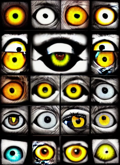 Image similar to grid montage of cube shaped eyes, square shaped black dilated pupils, cube shaped irises, detailed colored textures, eyelashes, advanced art, art styles mix, from wikipedia, wet reflections in square eyes, sunshine light, hd macro photograph, from side, various eyelid positions, square black pupil centered