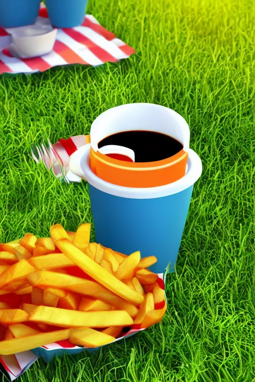 Prompt: french fries and a cup of coffe on a sunny sunday picnic on a green grass, pixar 3 d animation style