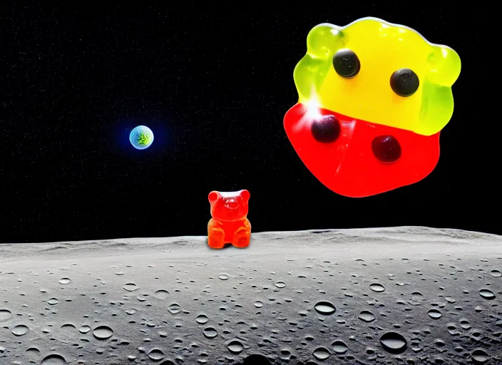 Image similar to a gummy bear walking on the moon staring back at a tiny earth, photorealistic, over the shoulder perspective, we can see earth far out in the distance