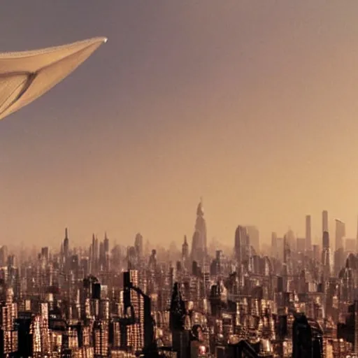 Prompt: strange creature in the sky above a city, flying above skyscrapers, film still from the movie directed by denis villeneuve with art direction by zdzisław beksinski, close up, telephoto lens, shallow depth of field