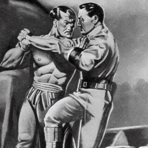 Prompt: vintage photograph of doc savage punching hitler clear detail, 8 k resolution, award winning photo