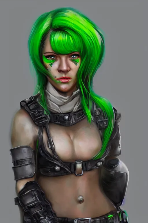 Prompt: female mercenary guard, bright green hair, pretty face, ultra detailed, digital art, 8k ,character ,realistic, portrait, hyperrealistic