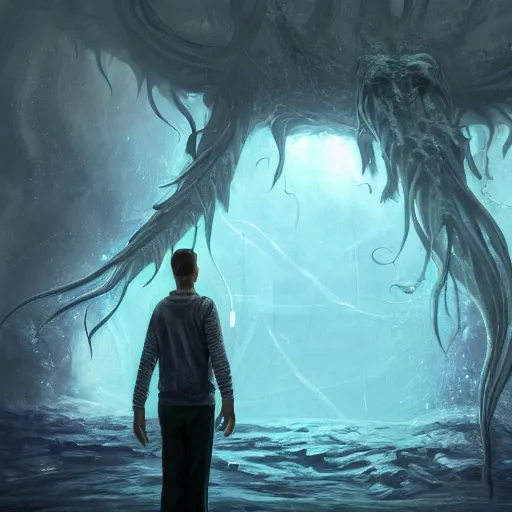 Image similar to a person in a cold large empty room standing in front of a window in a aquarium, inside the water is an eldritch monster. concept art by jason a. engle, trending on artstation, context art, lovecraftian, cosmic horror, concept art. highly detailed masterpiece. unreal engine. 8 k. uhd. render.