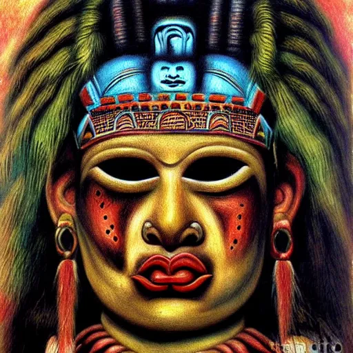 Image similar to disturbing grunge image of a brutal mayan deity. horror airbrush art, by auguste renoir