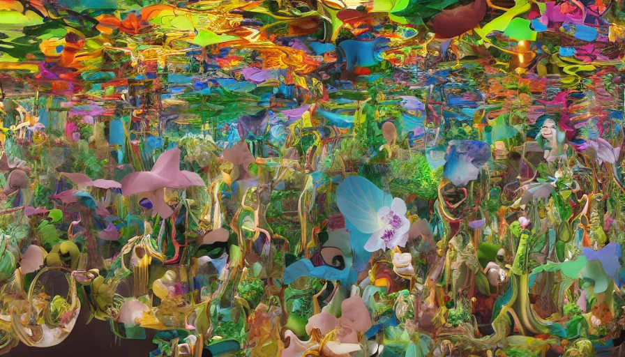 Prompt: 3 d amazonian psychedelic harvested orchids by kaws, james jean and salvador dali and shusei nagaoka, textured oil on canvas, expanded surrealism, neoclassicism, renaissance, depth of field, hyper realistic, cell shaded, metallic reflections, physically based rendering, 8 k