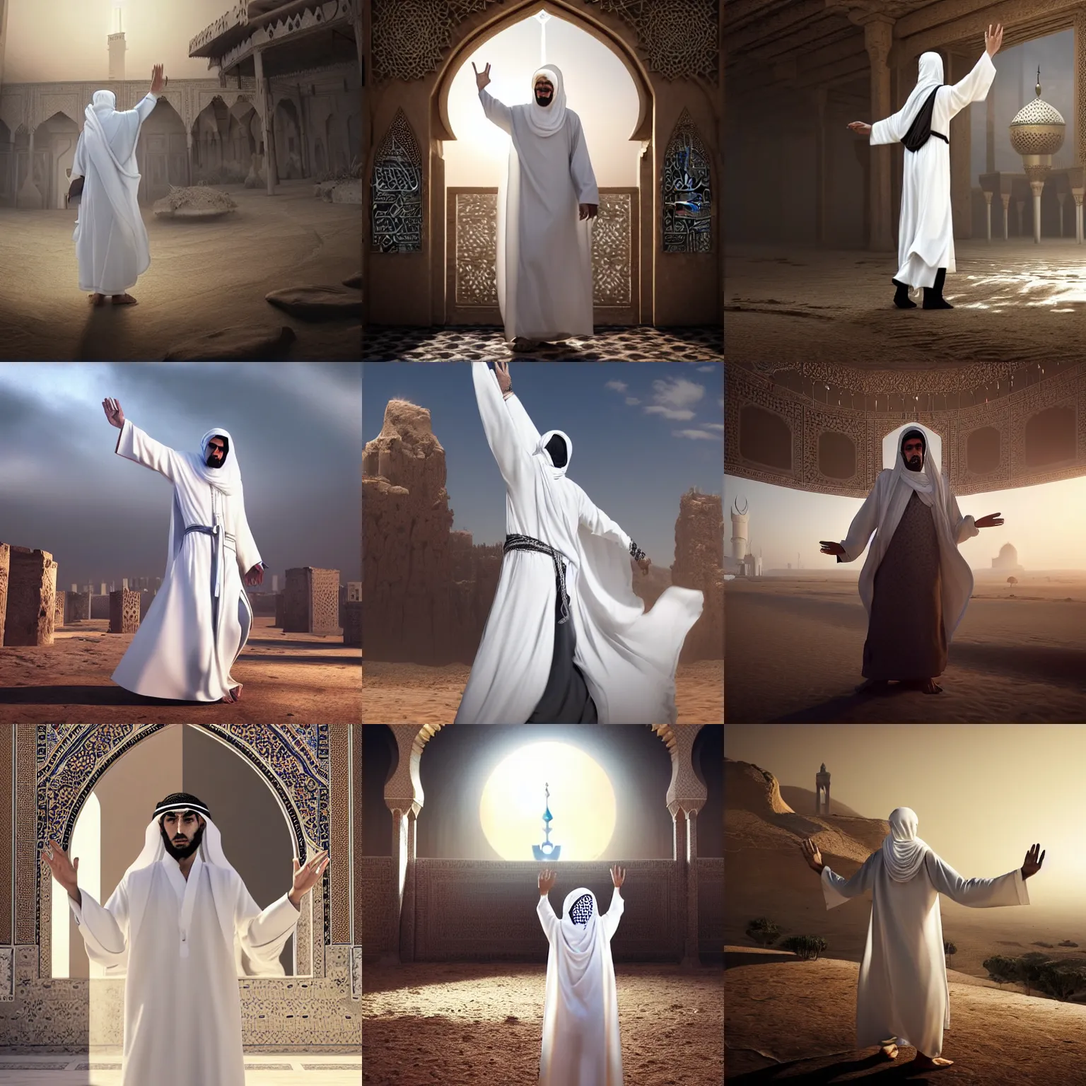 Prompt: bedouin in white abaya with his hands raised towards the sky praying, he is in a mosque, concept art, intricate details, eerie, highly detailed, photorealistic, octane render, 8 k, unreal engine. art by artgerm and greg rutkowski and magali villeneuve and alphonse