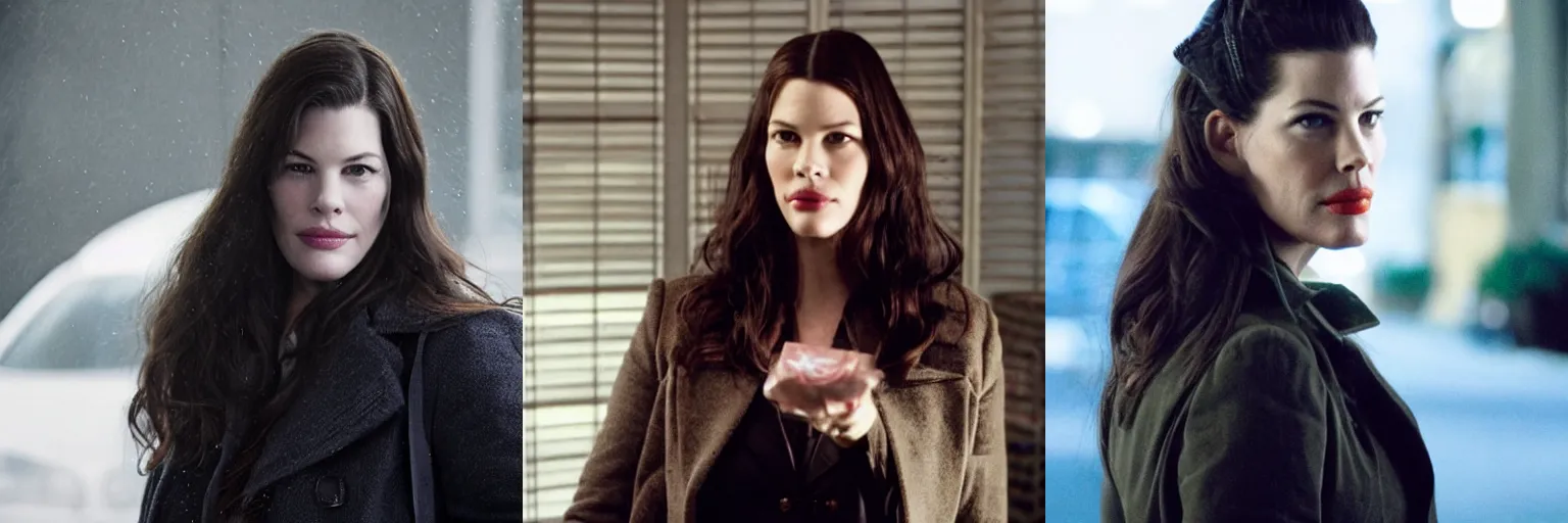 Prompt: close-up of Liv Tyler as a detective in a movie directed by Christopher Nolan, movie still frame, promotional image, imax 70 mm footage