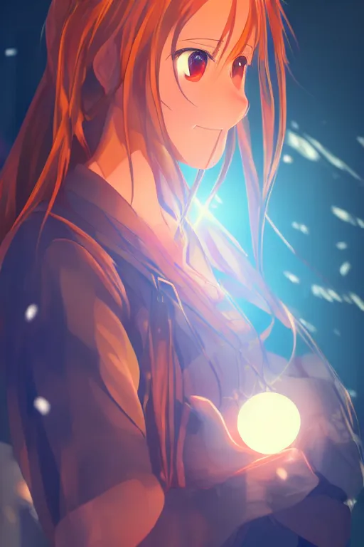 Prompt: beautiful portrait of anime girl Asuna from Sword Art Online reading transparent crystal ball, smooth concept art, rich cyberpunk colors, moody volumetric lighting, 4K