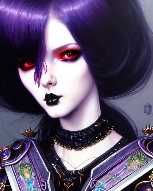 Image similar to portrait of beautiful cute goth girl in warhammer cyber armor, art by kuvshinov ilya and wayne barlowe and gustav klimt and artgerm and wlop